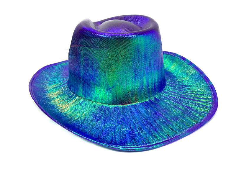 Blue Holographic Western Cowboy Hat Festival Punk Rave Goth Cosplay Concert
