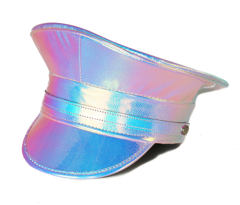 Blue Holographic Rainbow Banded Captain Hat