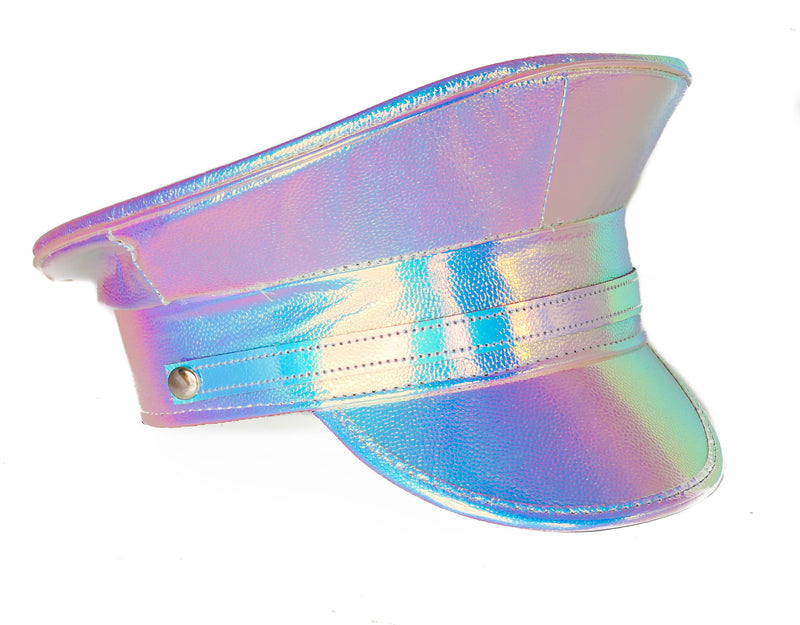 Blue Holographic Rainbow Banded Captain Hat