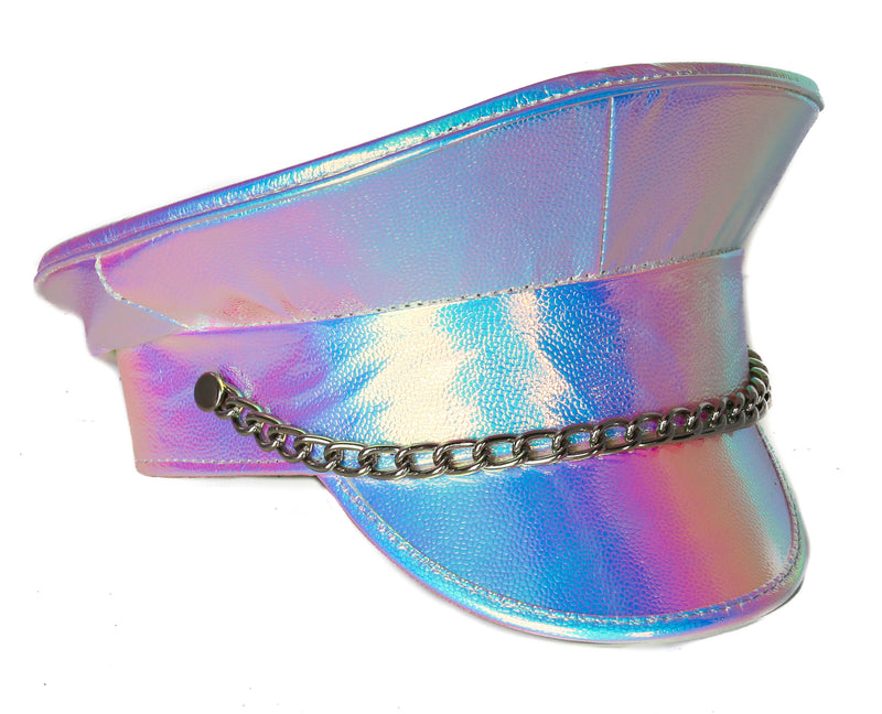 Blue Pebeled Holographic  Rainbow Chain Captain Hat