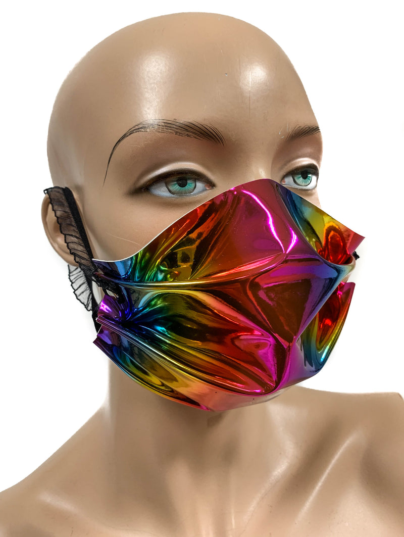 Rainbow Holographic Face Mask Synthetic Leather Elastic Lace ups