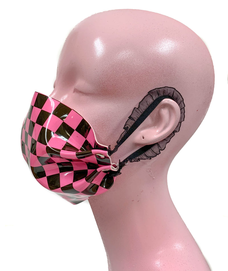 Pink Checkeredboard Face Mask Synthetic Leather Elastic Lace ups