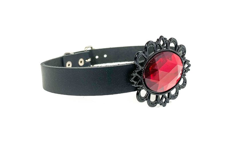 Victorian Steampunk Red Siam Stone Leather Choker Wide Collar
