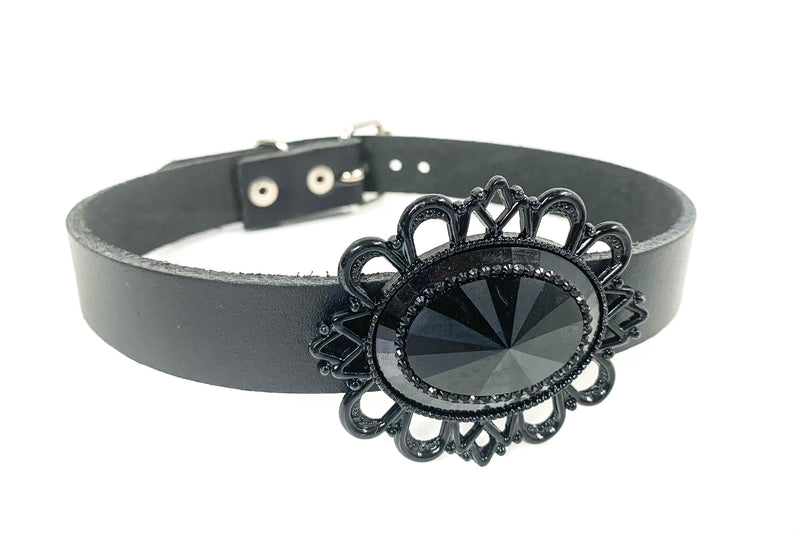 Victorian Gothic Steampunk Black Stone Leather Choker Wide Collar