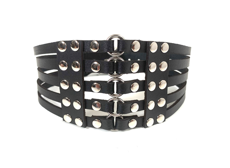 5 Strap Ring Leather Choker Wide Collar