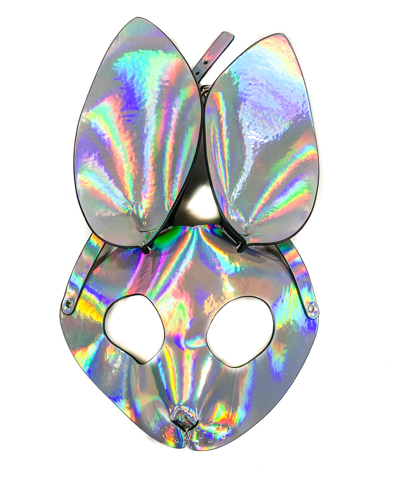 Bunny Ears Exotic Rabbit Full face Mask Silver Holographic Rainbow