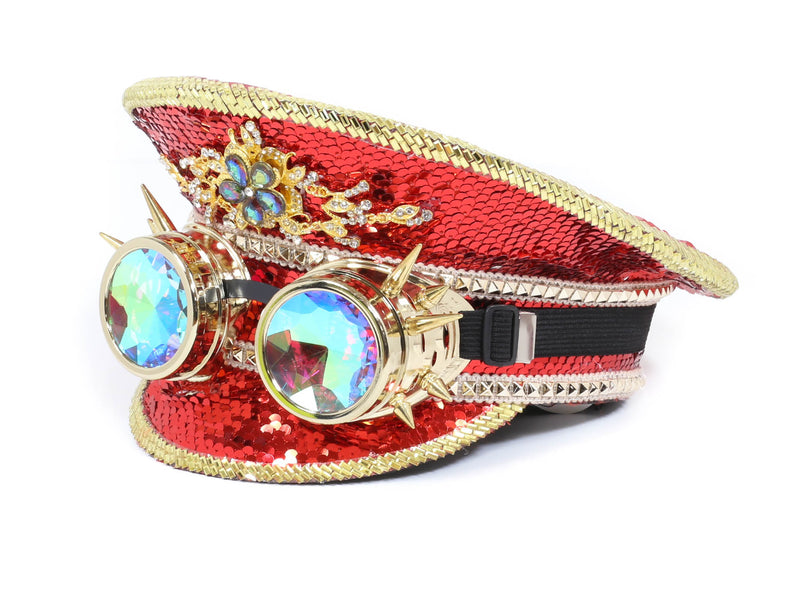 Sequin Police Captain Hat With Kaleidoscopic Goggles