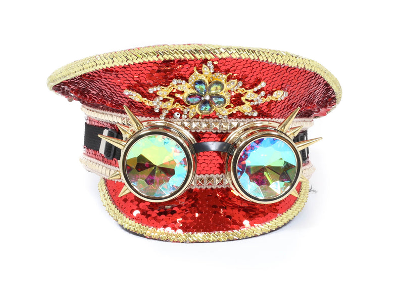 Sequin Police Captain Hat With Kaleidoscopic Goggles