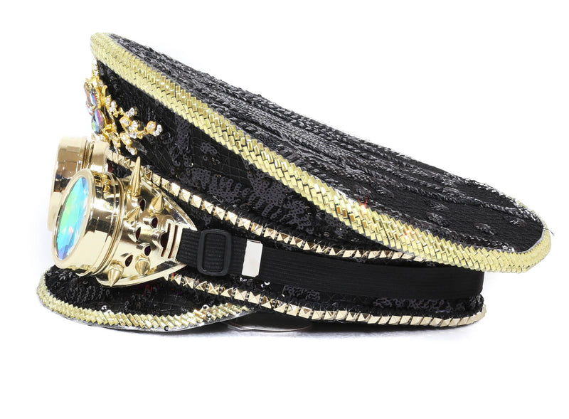 Black Sequin Police Captain Hat With Kaleidoscopic Goggles