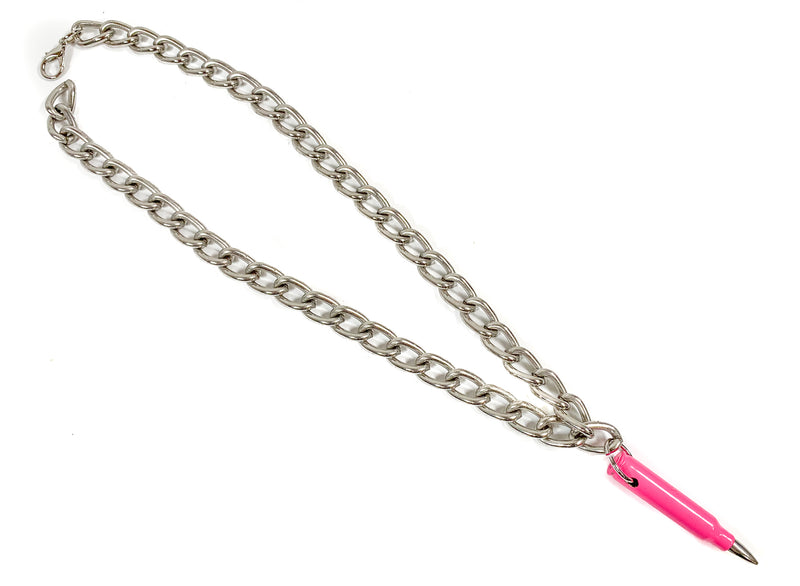M16 2 1/4" Large Real Pink Shell Nickel Tips Steel Chain Pendant