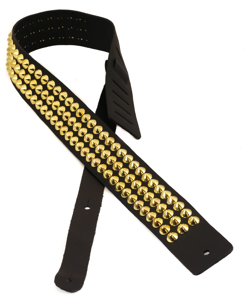 Gold Conical Studded Genuine Leather Guitar Strap