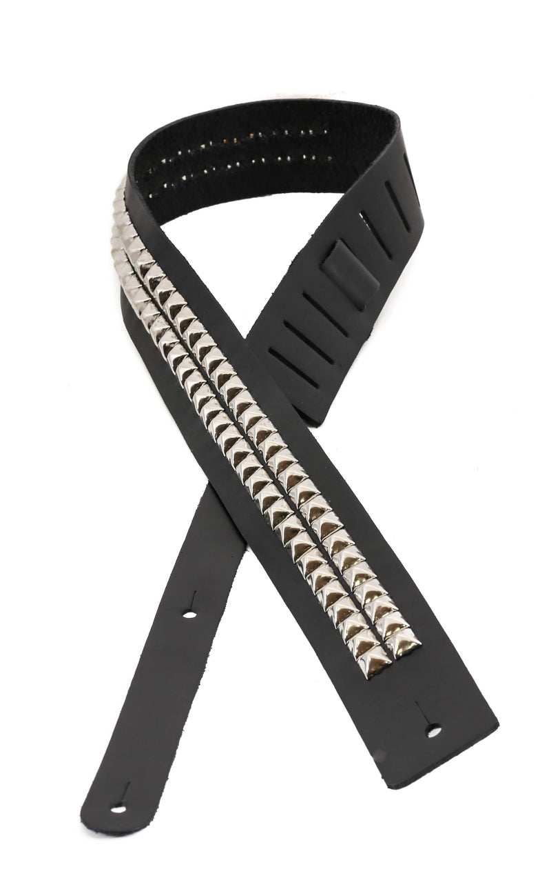 Two Row Pyramid Studded Genuine Leather Guitar Strap