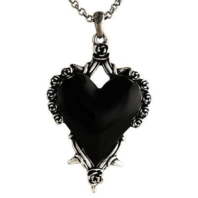 Black Heart With Roses And Thorns Necklace