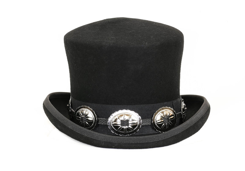 Wool Felt Top Hat Leather Oval Concho Band Topper Mid Crown Opera Rocker Mad Hatter
