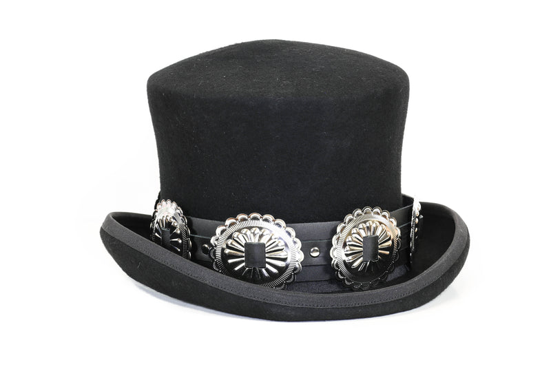 Wool Felt Top Hat Leather XL Oval Concho Band Topper Mid Crown Opera Rocker Mad Hatter