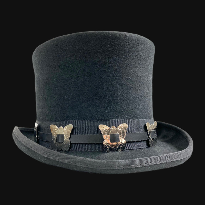 Wool Felt Top Hat Steampunk Topper Victorian Mad Hatter Butterfly Concho Band