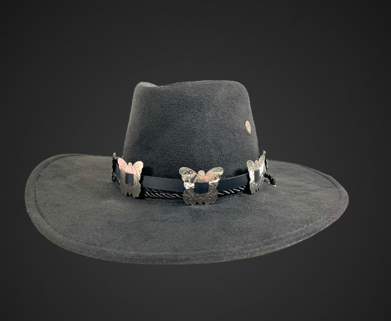 Wool Felt Cowboy Hat Steampunk Topper Victorian Mad Hatter Slash Butterfly Concho Band