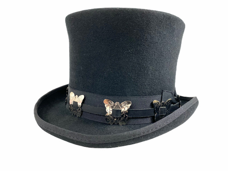 Wool Felt Top Hat Steampunk Topper Victorian Mad Hatter Butterfly Concho Band