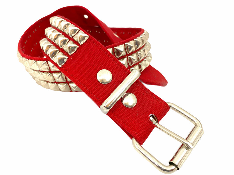 Red Canvas Fabric 3 Row Studded Belt