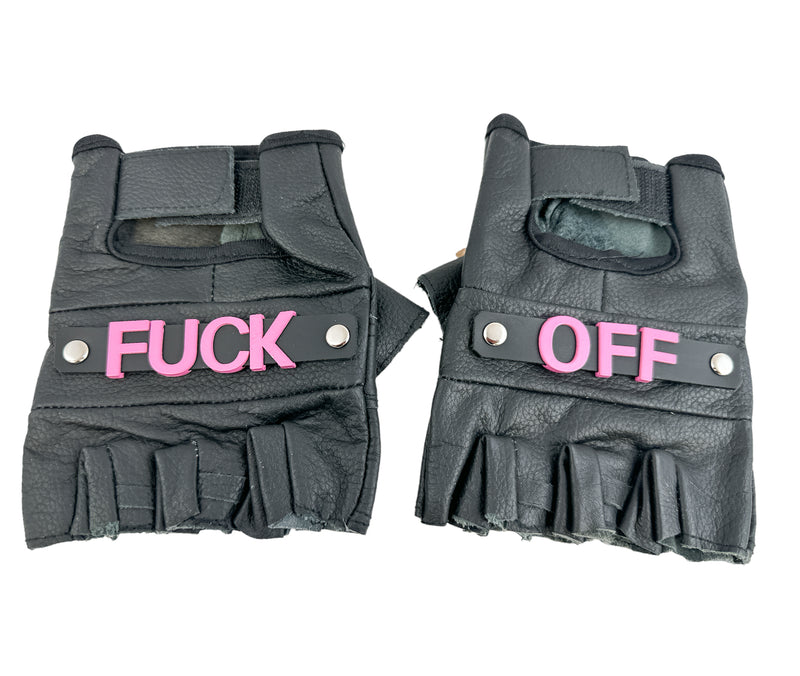 Fuck Off Fingerless Leather Gloves Pink