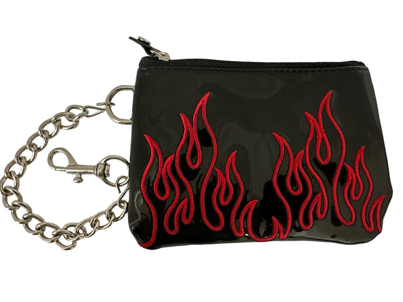 RED  EMBROIDERED FLAME PATENT LEATHER WALLET