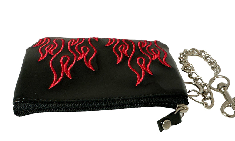 RED  EMBROIDERED FLAME PATENT LEATHER WALLET