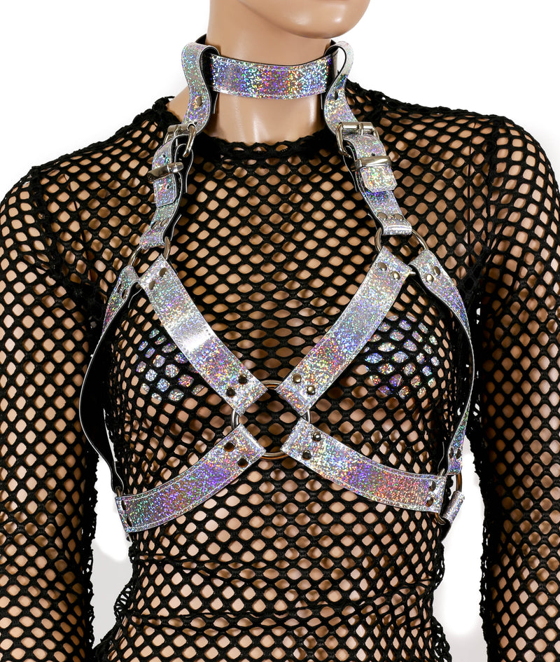 Glitter Rainbow Leather Wide Bra Style Vegan Leather Harness With Choker