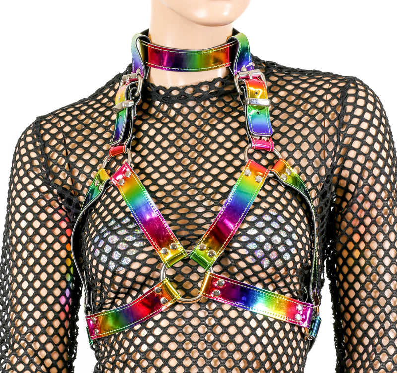 Multi Rainbow Leather Wide Bra Style Vegan Leather Harness With Choker