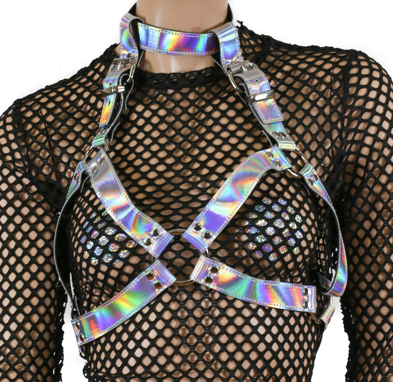 Silver Rainbow Leather Wide Bra Style Vegan Leather Harness With Choker