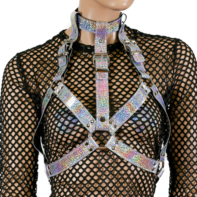 Glitter Rainbow Leather Wide Bra Style Vegan Leather Harness With Choker