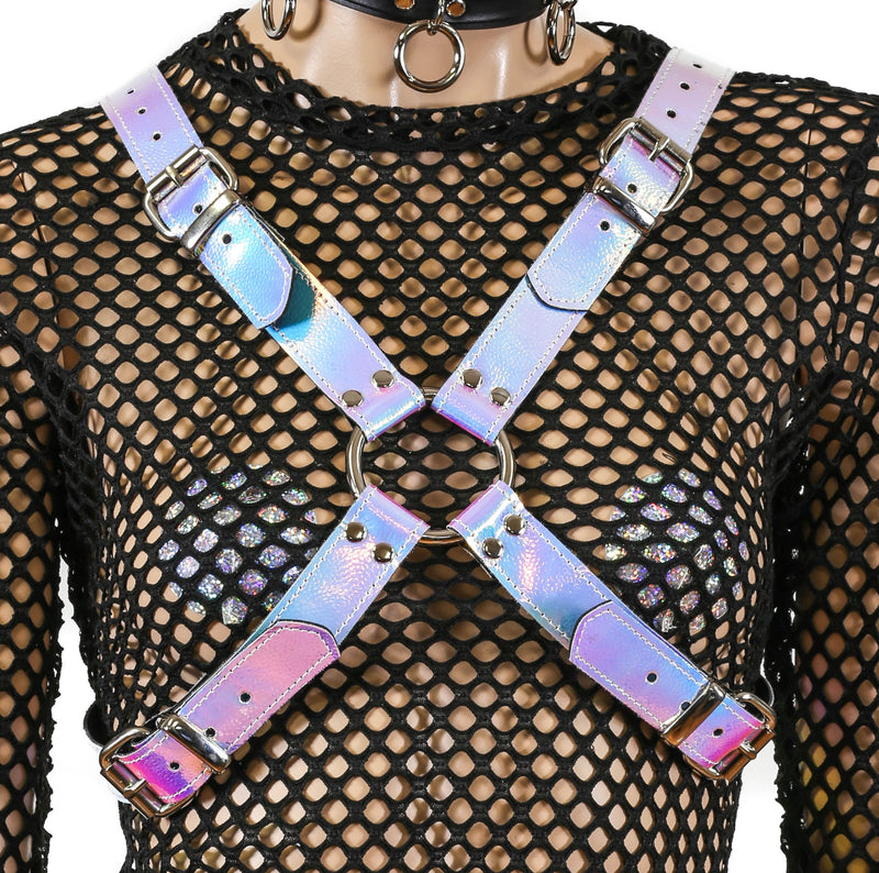 Blue Pebbled Rainbow Cross Buckle Missy  'X' Harness Vegan Leather Harness