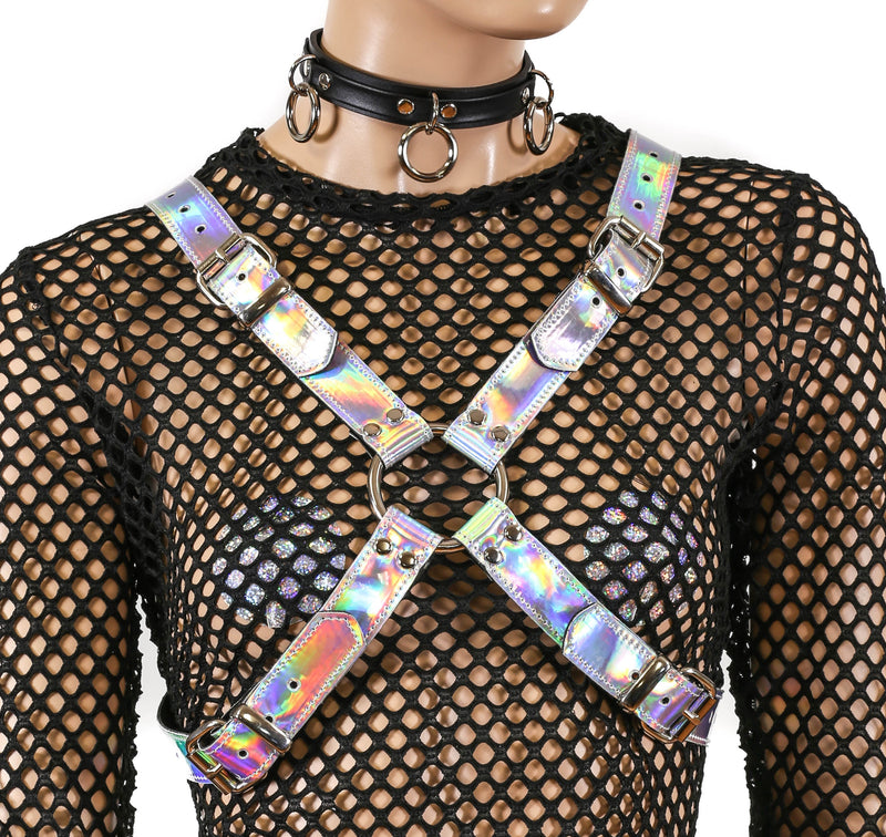 Silver Rainbow Cross Buckle Missy  'X' Harness Vegan Leather Harness