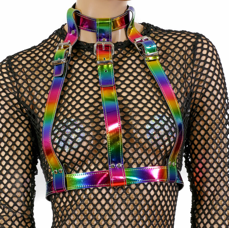 Multi Rainbow 3 Strap Suspender Style Vegan Leather Harness Multi Options