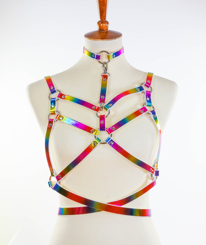 Multi Rainbow  Bra Straps  Style Vegan Leather Harness With Belt