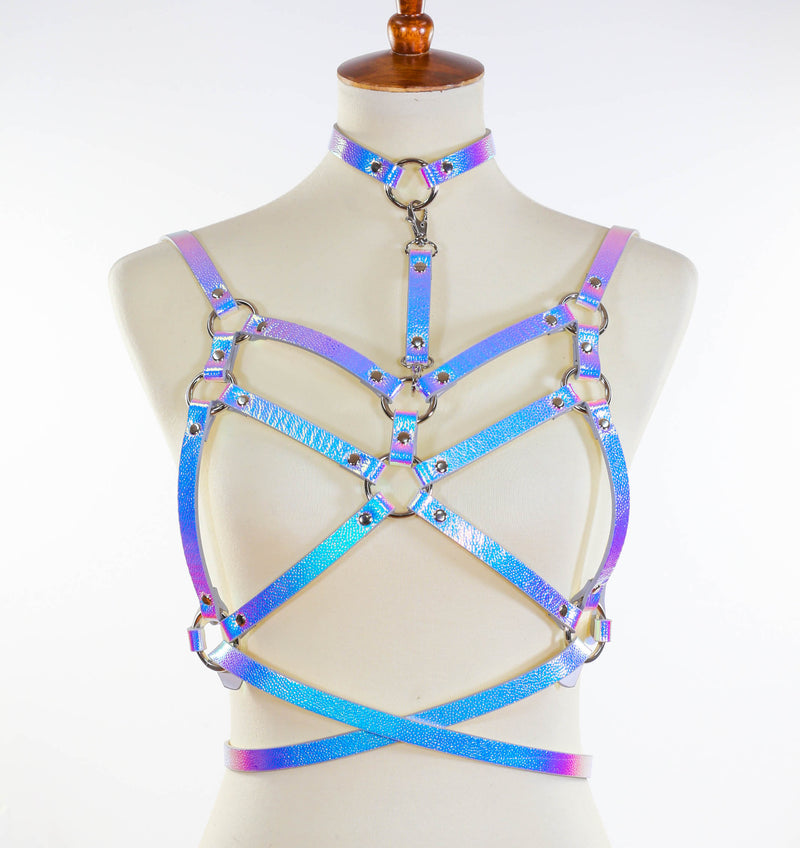 Blue Pebbled Rainbow  Bra Straps  Style Vegan Leather Harness With Belt