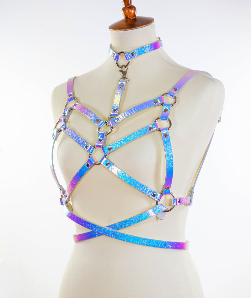 Blue Pebbled Rainbow  Bra Straps  Style Vegan Leather Harness With Belt