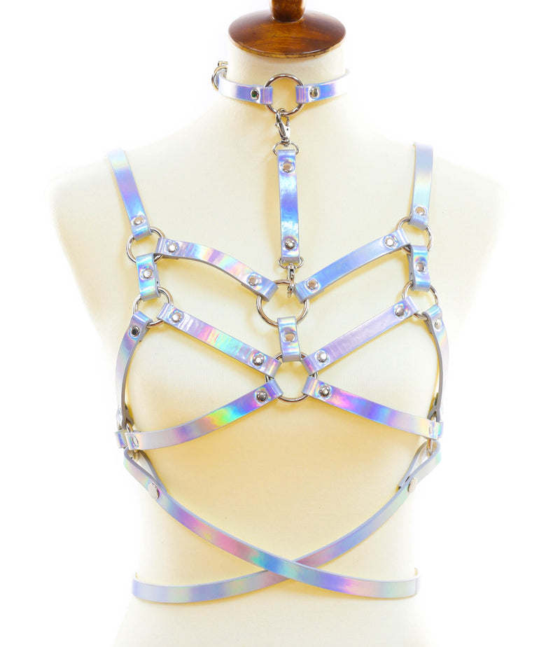 Silver Rainbow Bra Straps  Style Vegan Leather Harness With Belt
