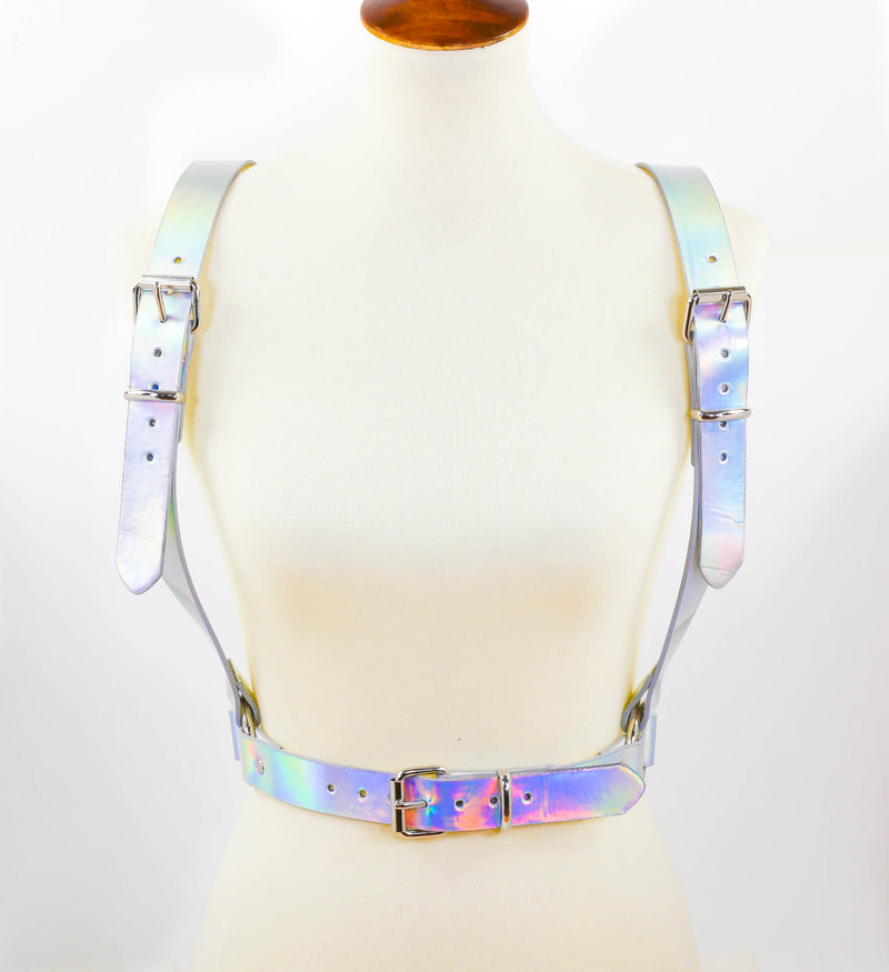 Silver Iridescent  Rainbow  Suspender Style Vegan Leather Harness