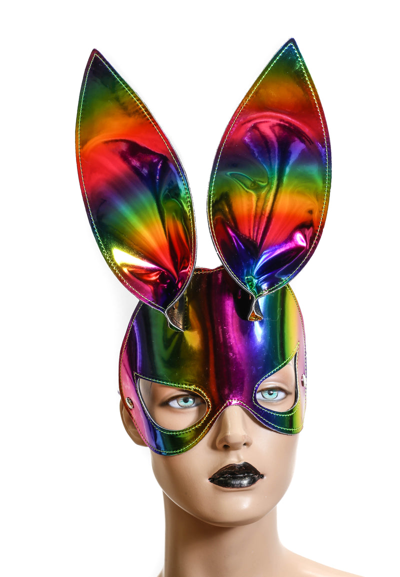 Holographic Rainbow Patent Shiny  Bunny Ears Exotic face Mask