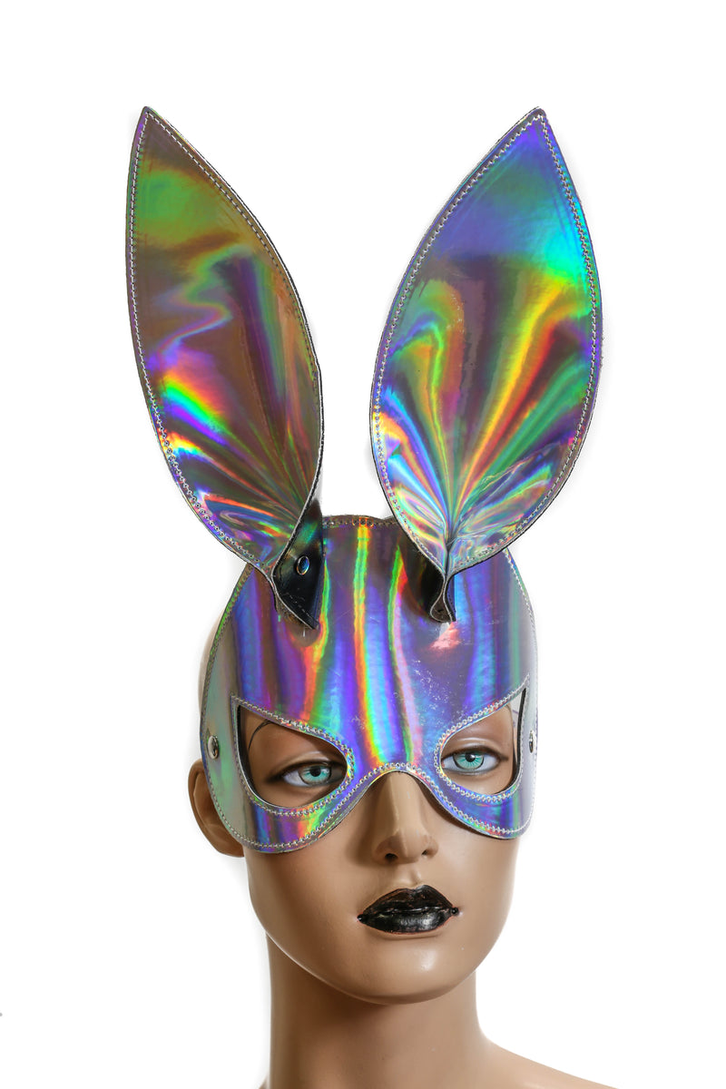 Silver Iridescent Rainbow Patent Shiny  Bunny Ears Exotic face Mask